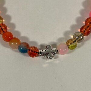 Mini Silver Cross Glass Bead Bracelet